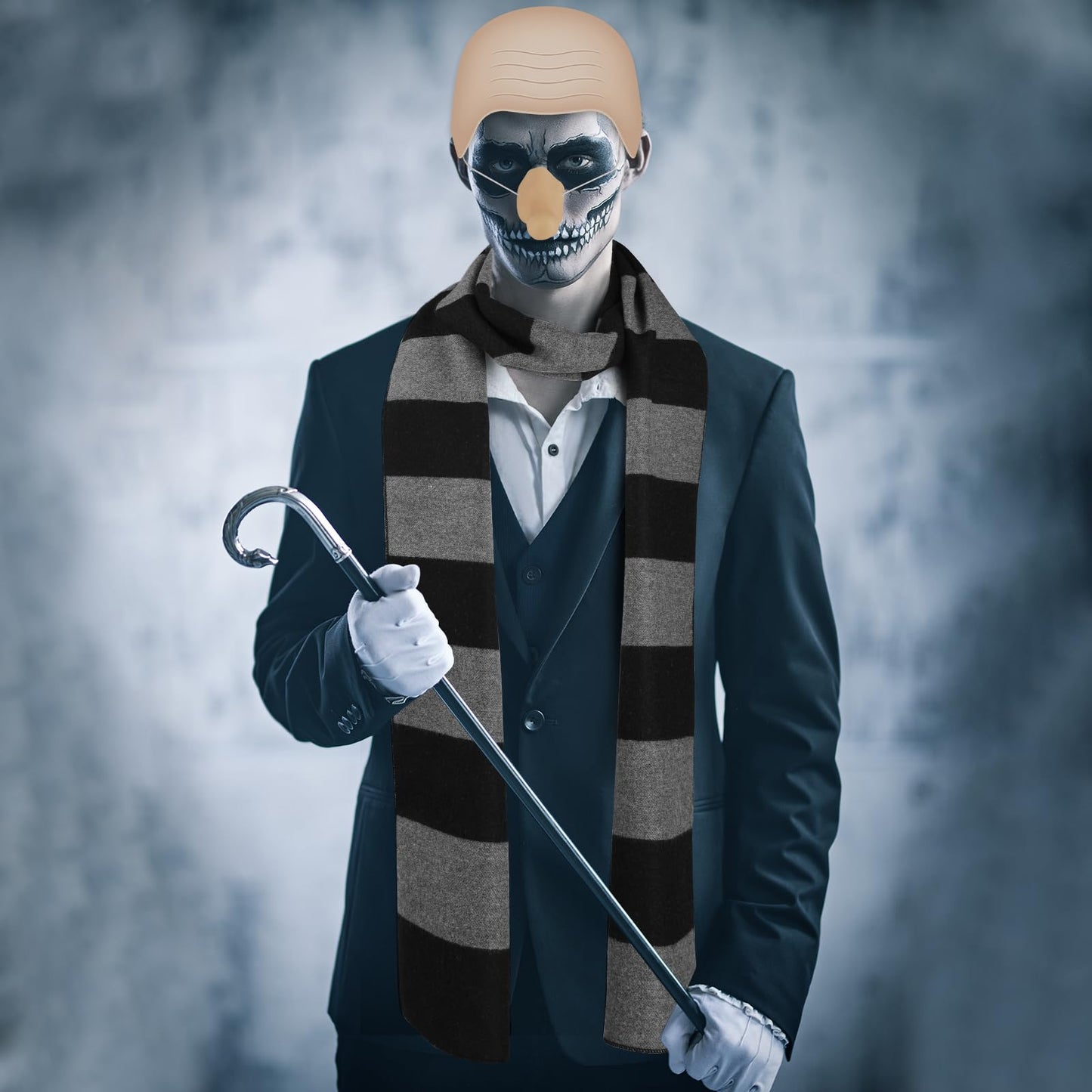 MEEZY 4 Pcs Cosplay Costume Accessories Adults Black Gray Striped Scarf with Nose Bald Cap for Men Halloween Cosplay Party Dress Up