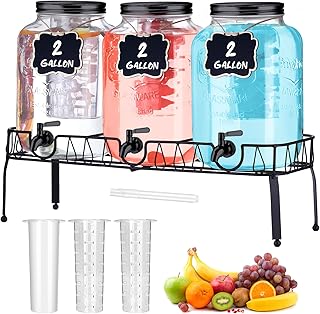 Lallisa 3 Pcs 2 Gallon Glass Drink Dispenser with Stand and Lid Mason Jar Beverage Dispenser with Stainless Steel Spigot, ...