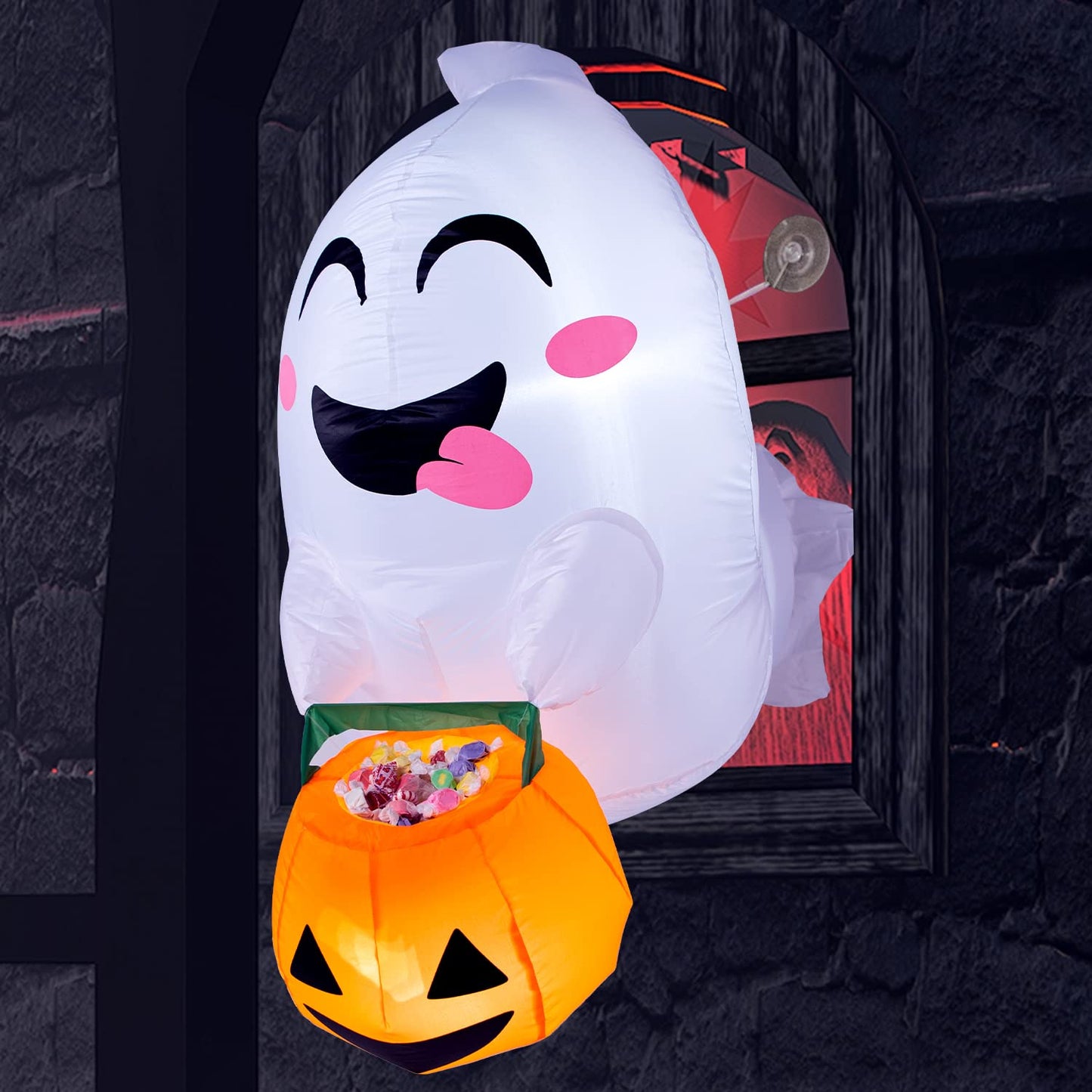 Joiedomi 4.5 ft Tall Halloween Inflatable Outdoor Decorations, Blow Up Halloween Yard Decorations Inflatable Window Ghost Decor, Blow Up Ghost with Candy Basket for Window Decor