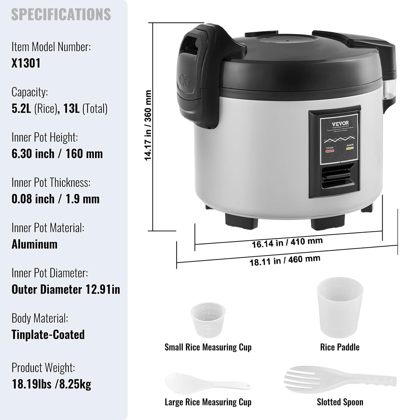 VEVOR Commercial Rice Cooker, 60-Cup Rice Cooker, 13.74 Qt / 13 Liter Large Rice Cooker and Warmer with Nonstick Inner Pot, Fast Cooking and 12-Hour Keep Warm, with Rice Cup and Paddle, for Restaurant