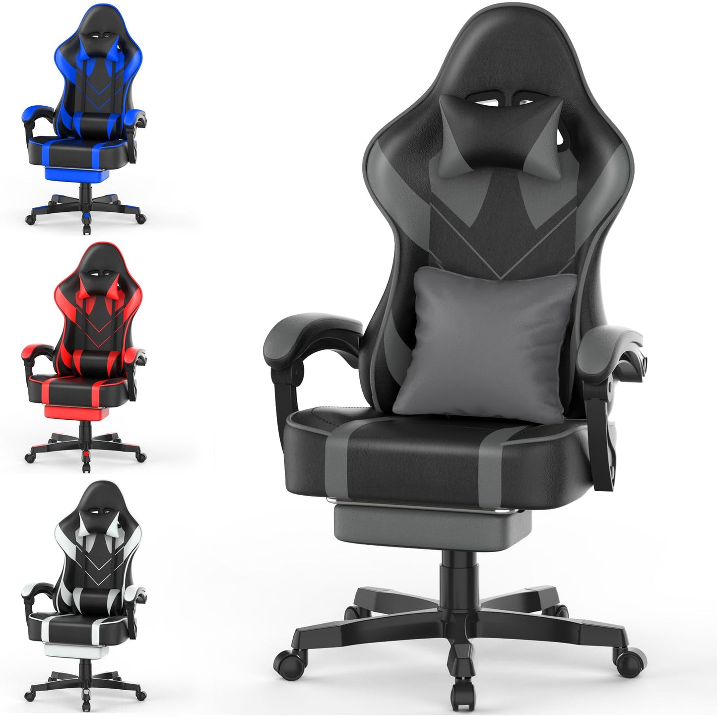 Soontrans Grey Gaming Chair with Large Mouse Pad, Ergonomic Computer Office Chair with Wider Seat Cushion, Reclining PU Leather Gamer Chair with Footrest for Adults, High Back Video Game Chair