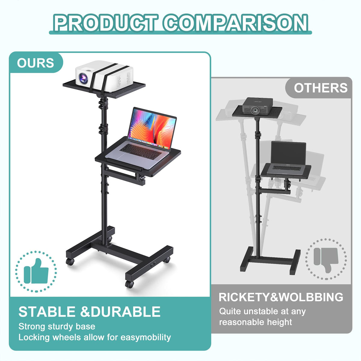 Facilife 2 Shelves Projector Stand Tripod, Mobile Laptop Cart on Wheels Projector Tripod Stand Adjustable Height 45 to 64 Inches, Overbed Table with Wheels, Rolling Laptop Floor Stand for Couch