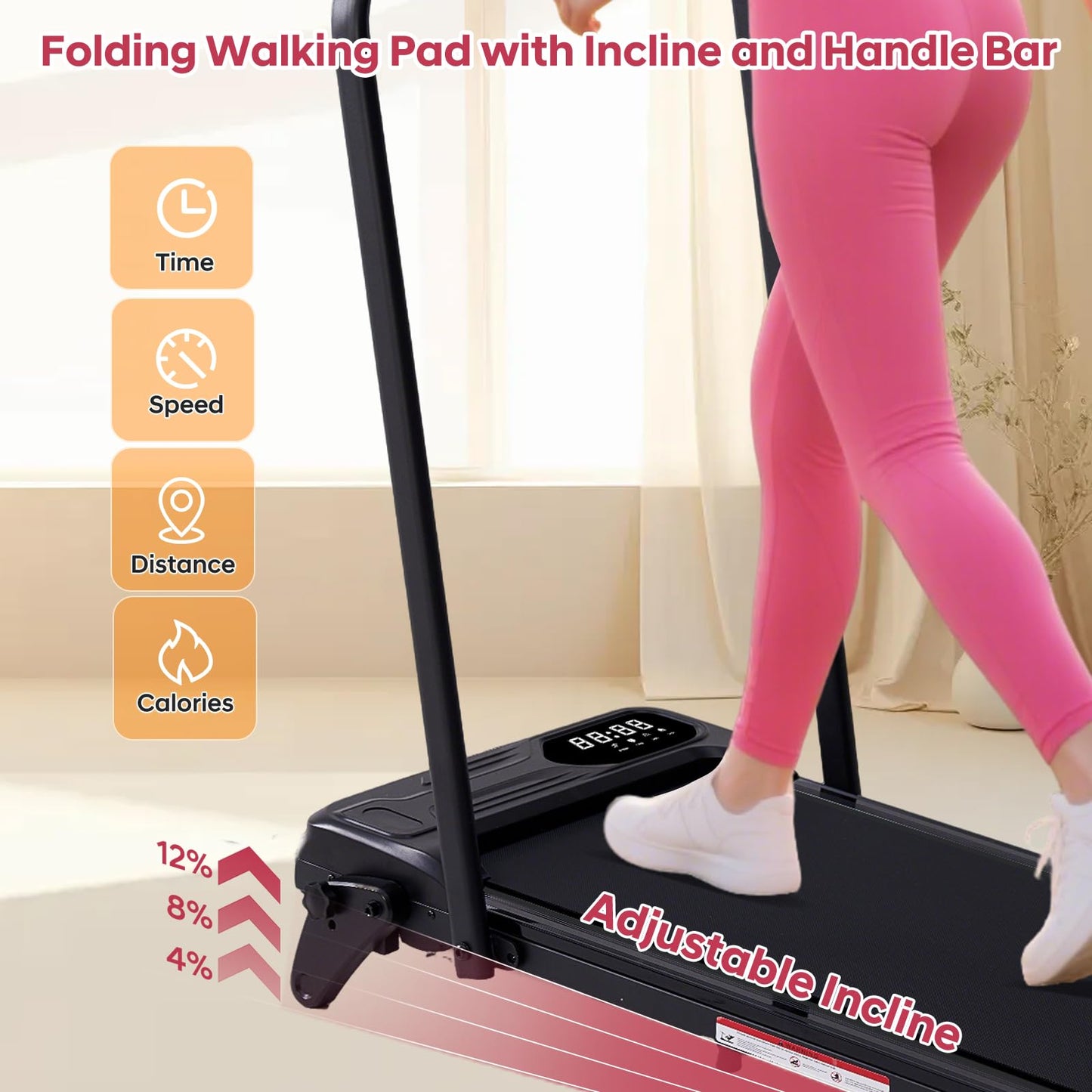 Foldable Walking Pad Treadmill with Adjustable Incline and Handle Bar, 3.5HP Portable Folding Treadmills for Home Small, 4 in 1 Under The Desk Electric Treadmill with Handles, 0.6-7.6MPH, 350LBS
