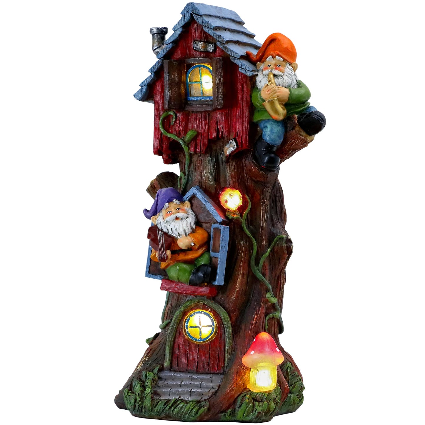 TERESA'S COLLECTIONS 11" Tall Large Garden Statues Gnome Treehouse with Solar Outdoor Light, Garden Sculptures Statues Figurines Resin Garden Decor Lawn Ornaments Patio Yard Decor Gifts for Mom