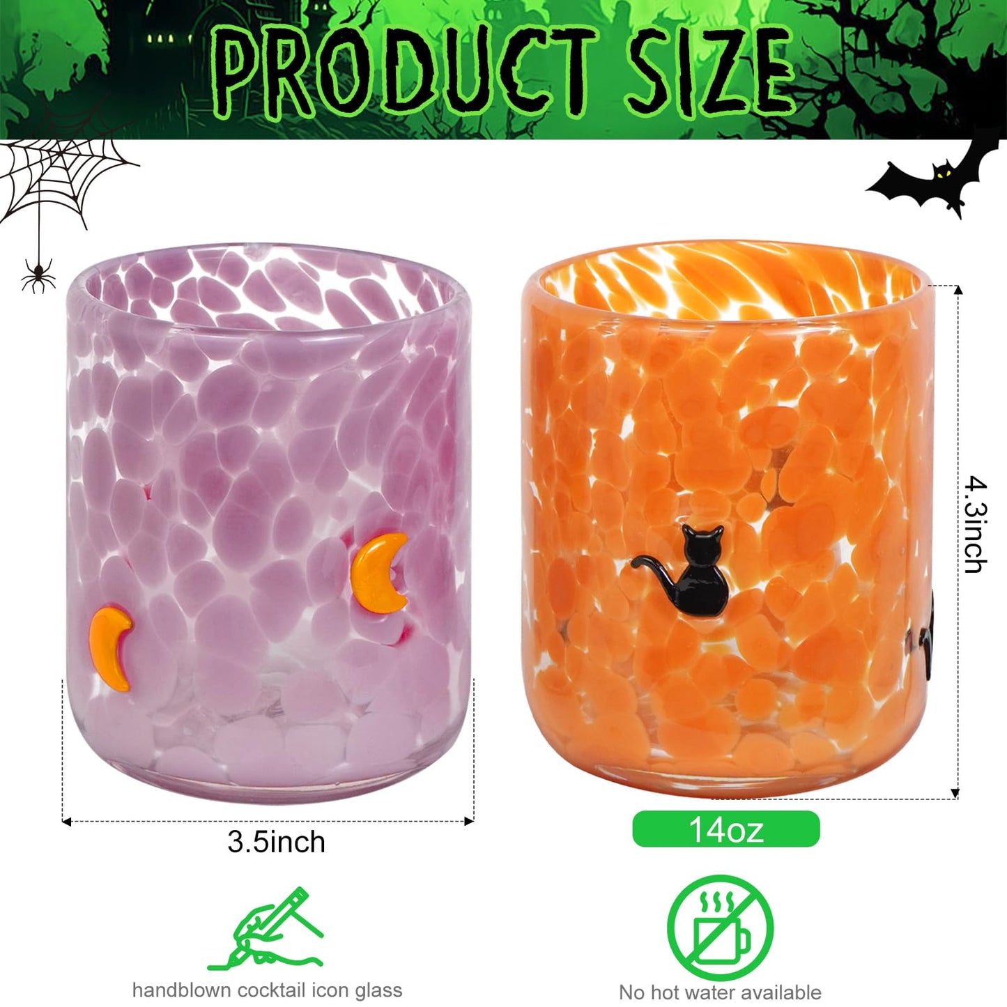 PRERUICHI 2 Pcs Halloween Icon Juice Glasses, 14oz Icon Stemless Drinking Glasses Set, Ideal for Gift & Halloween Party Drinkware (Cat & Moon)