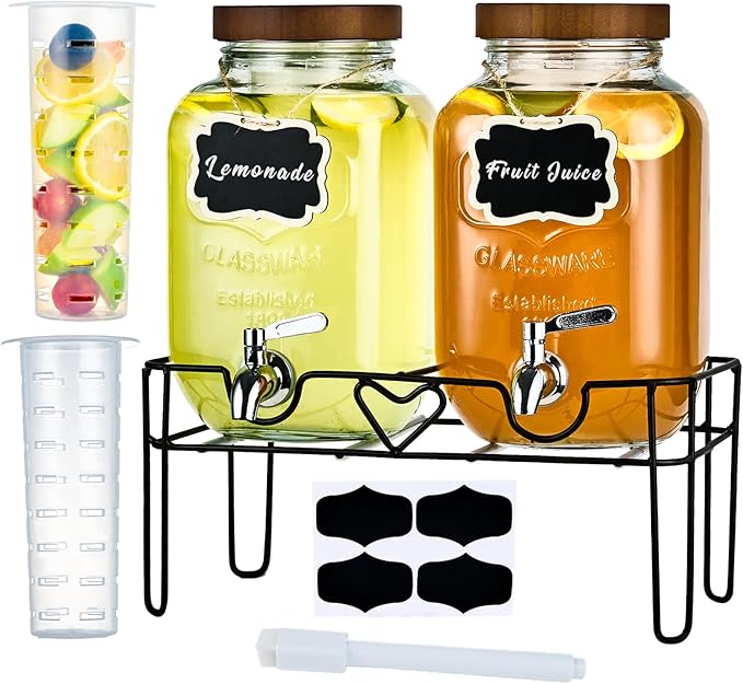ShoreHao 2 Pack1Gallon Glass Drink Dispensers with Stand&Bamboo Lids&Fruit Infuser,304 Stainless Steel Leak-Proof Spigot,B...