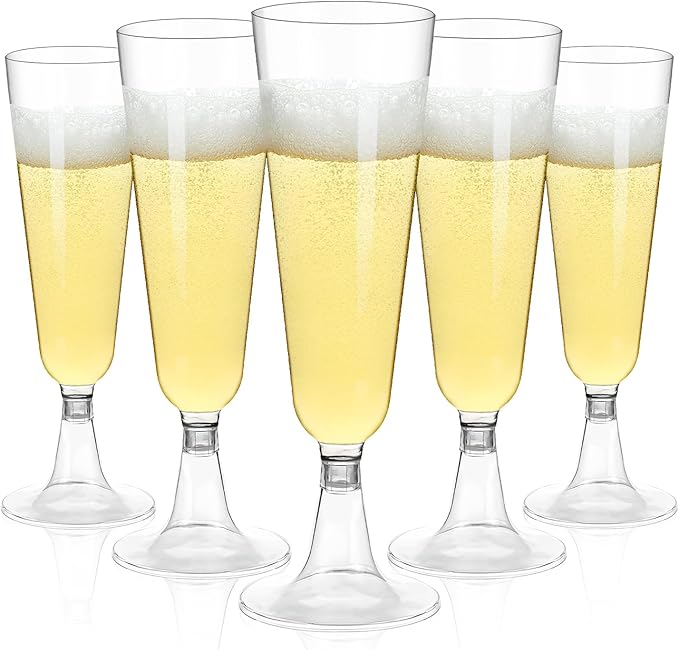 YUAN PLAN Plastic Champagne Flutes 100 Pack, 5.5OZ Disposable Champagne Glasses Clear Plastic Toasting Glasses for Weddin...