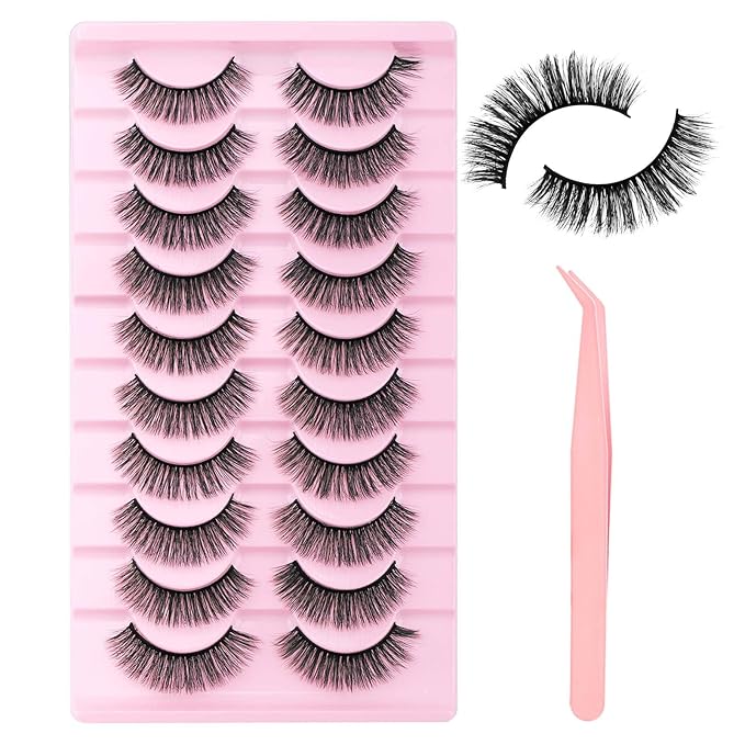 FADLASH False Eyelashes Kit 10 Pairs Mink Lashes Wispy with Tweezer Fake Eyelashes Natural Look Handmade Eyelashes Fake Lashes Strips (LDM-65 Kit)