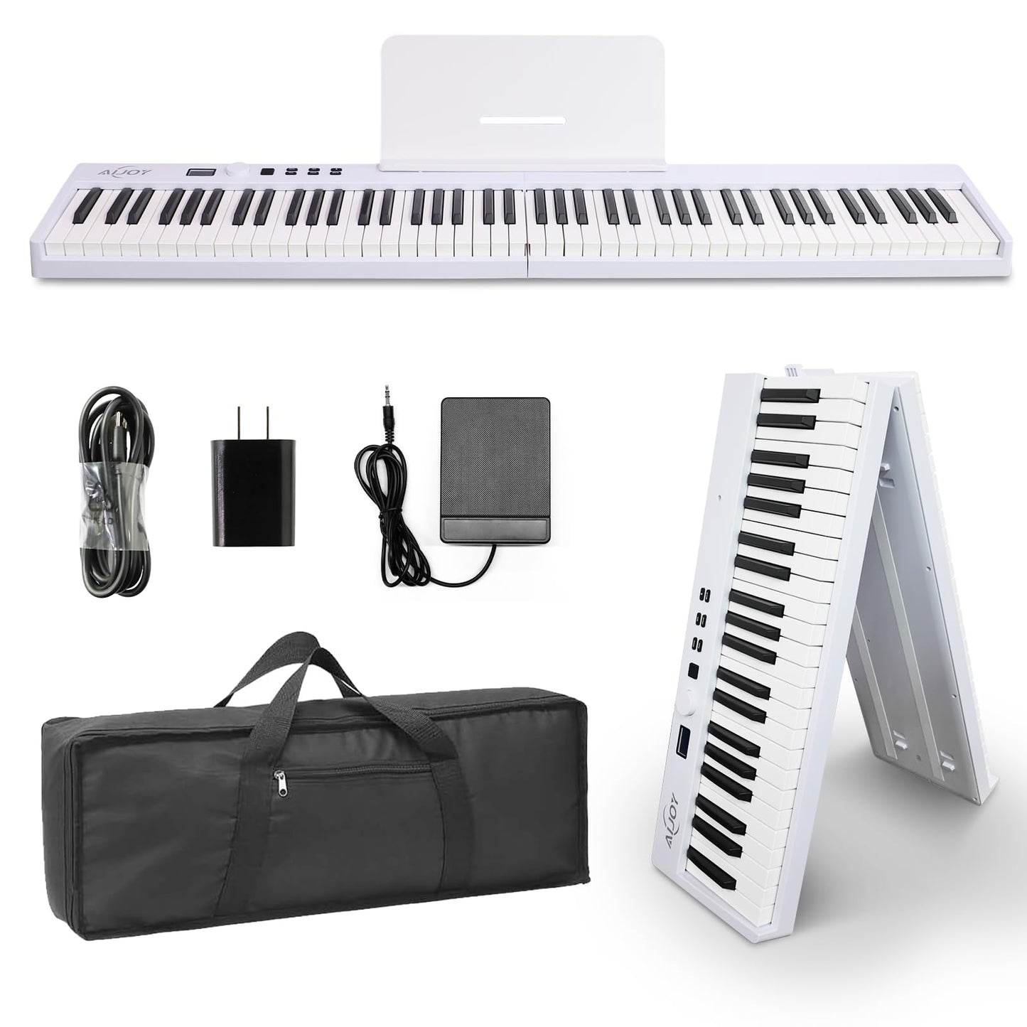 AiJoy 88-Key Piano Keyboard with Semi-Weighted Keys Portable Folding Piano, 128 Tones, Speakers, USB-MIDI, Carry-Bag, Sustain Pedal, Stand Electric Keyboard Piano for Beginners, White