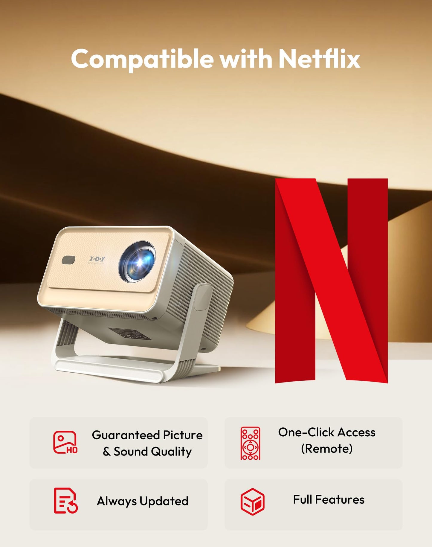 Smart Projector with WiFi 6 and Bluetooth, 700 ANSI Native 1080P, 4K Support, 4D Auto Keystone & Auto Focus, Compatible with Netflix, Voice Control, FHD Home Theater Projector, Xgody Gimbal N6 Pro