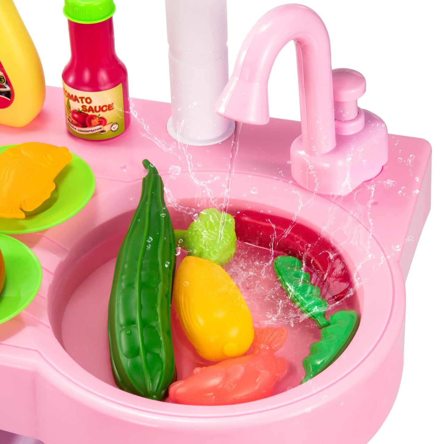 TEMI Play Kitchen Playset Pretend Food - 53 Pieces Pink Kitchen Toys for Toddlers, Toy Accessories Toddler Set with Sound and Light, Toddler Outdoor Playset for Kids, Girls and Boys