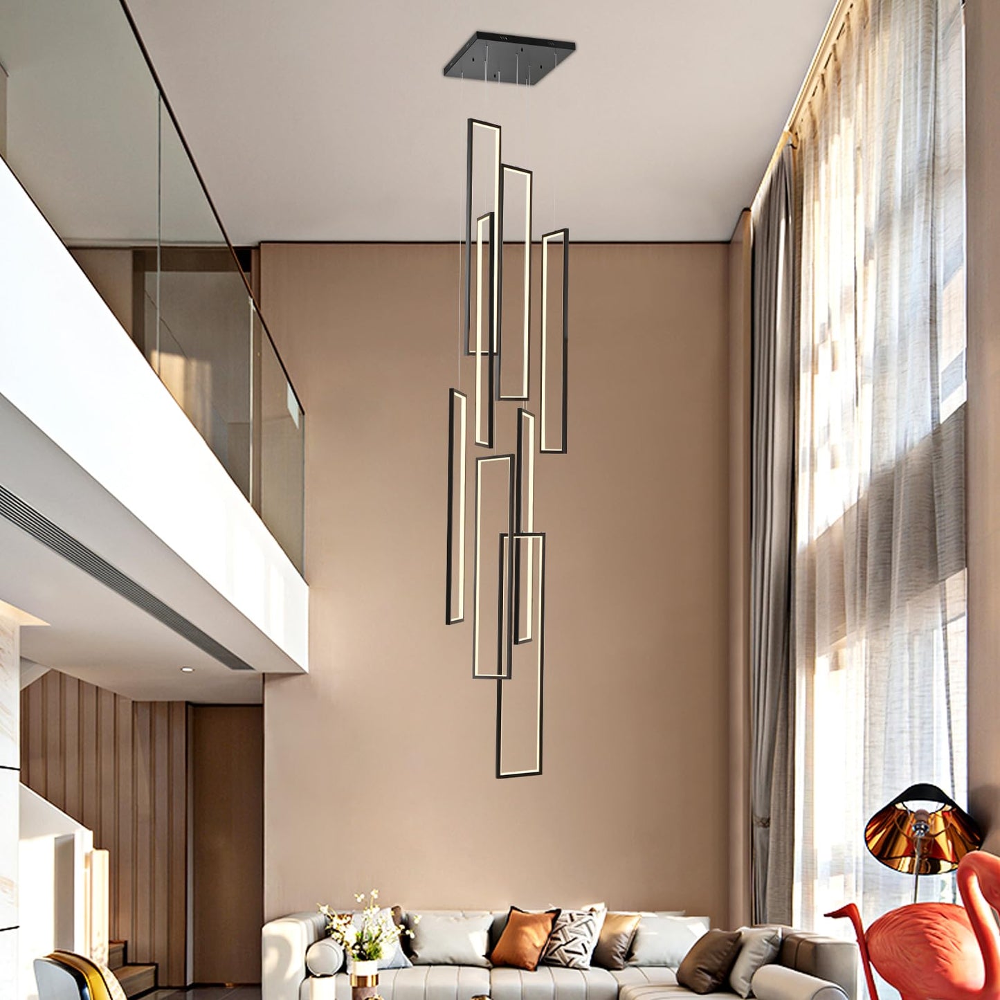 GEADI Foyer Chandelier for High Ceilings, 8-Light Modern Dimmable LED High Ceiling Pendant Light Fixture with Remote Control, Black Large Chandelier for Entryway, 3000-6500K