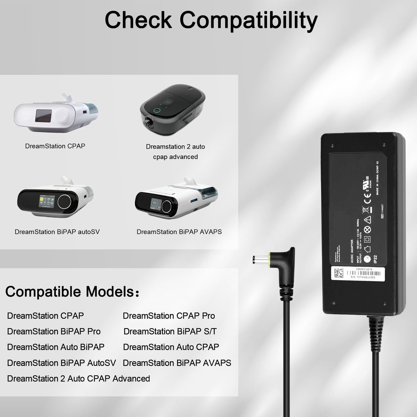 JUYOON 12V 6.67A AC Adapter 80W Compatible with DreamStation 2 Auto CPAP Advanced Ref 1144267 Compatible with DreamStation CPAP Auto BiPAP Power Cord MEA080A12C 1118499 1005894 ADE022