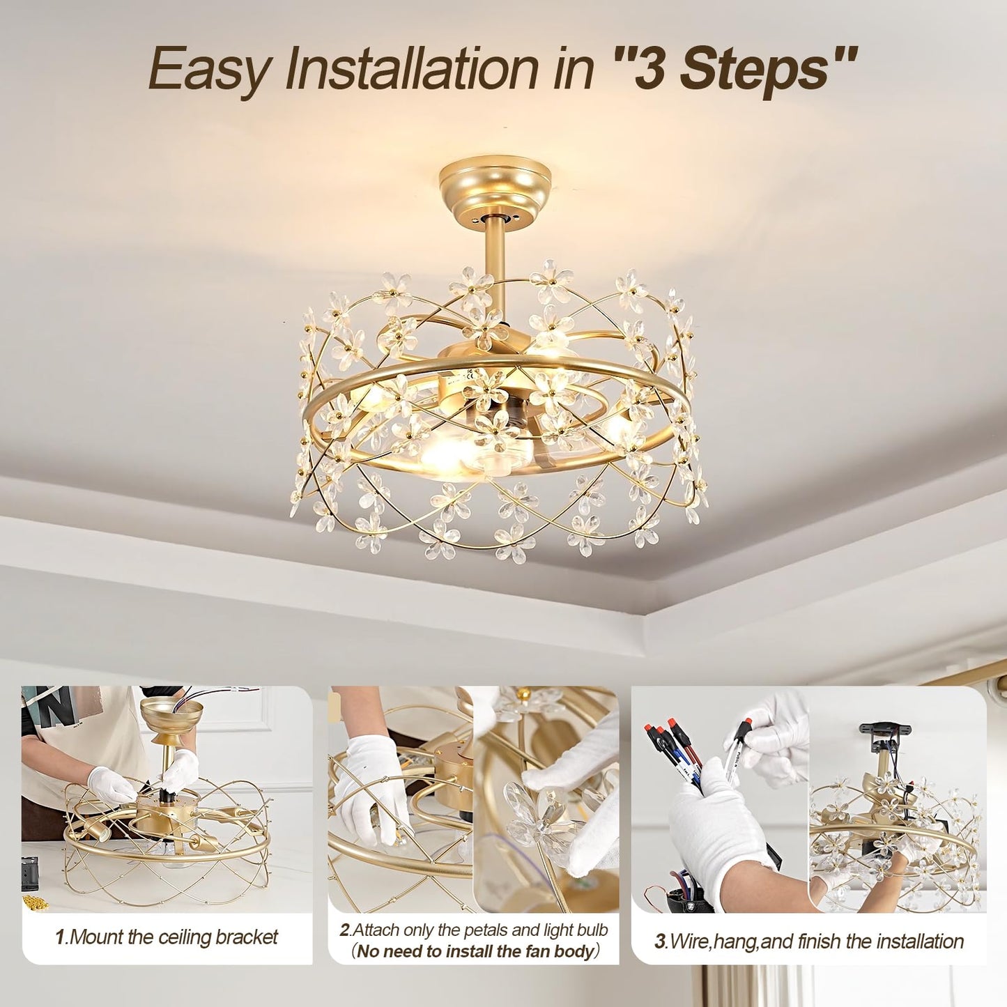youngrender 20 Inch Gold Caged Ceiling Fan with Light, Flower Chandelier Ceiling Fan with Lights Remote Control, Frower Crystal Fandelier 6 Speeds for Girl's Bedroom, Living Room