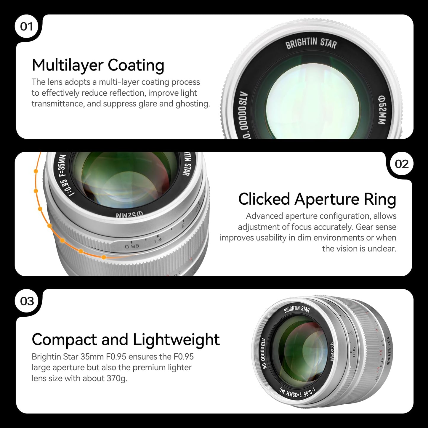 Brightin Star 35mm F0.95 APS-C Manual Focus Prime Lens for Fujifilm XF Mount Mirrorless Cameras, Large Aperture Fixed Lens, Fit for XT5, XT4, XT30, XPRO3/1, XT200, XS10, XA7, XE4, XH1(Silver)