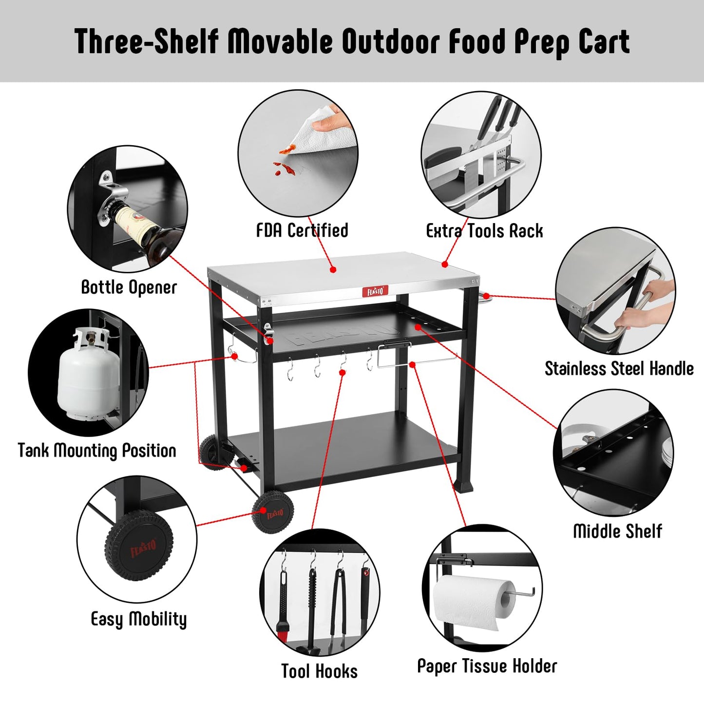 Feasto 3-Shelf Pizza Oven Table with 33.5" x 21.7" Stainless Tabletop, Outdoor Grill Cart with Tank Hook for Pizza Ovens & Griddles, Heavy-Duty Prep Station for Patio BBQ and Deck Parties, Black