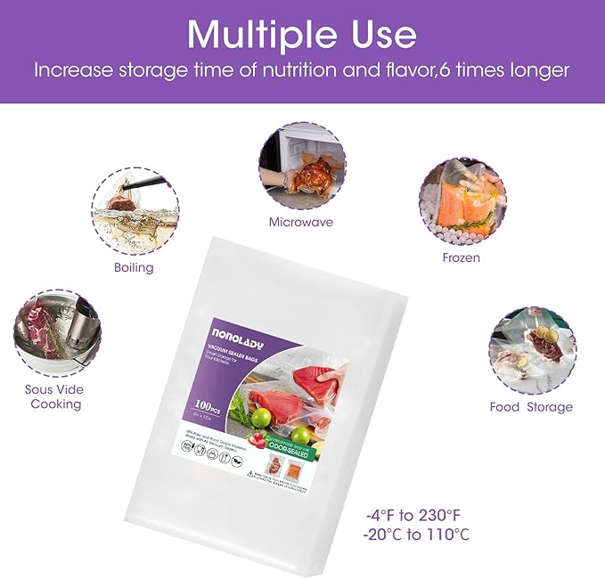 Vacuum Sealer Bags for Food, 100 Quart 8”x 12” Precut, Commercial Grade, BPA Free, Heavy Duty with Textured Surface & Puncture Prevention for Food Vac Storage, Freezer, Sous Vide, Meal Prep