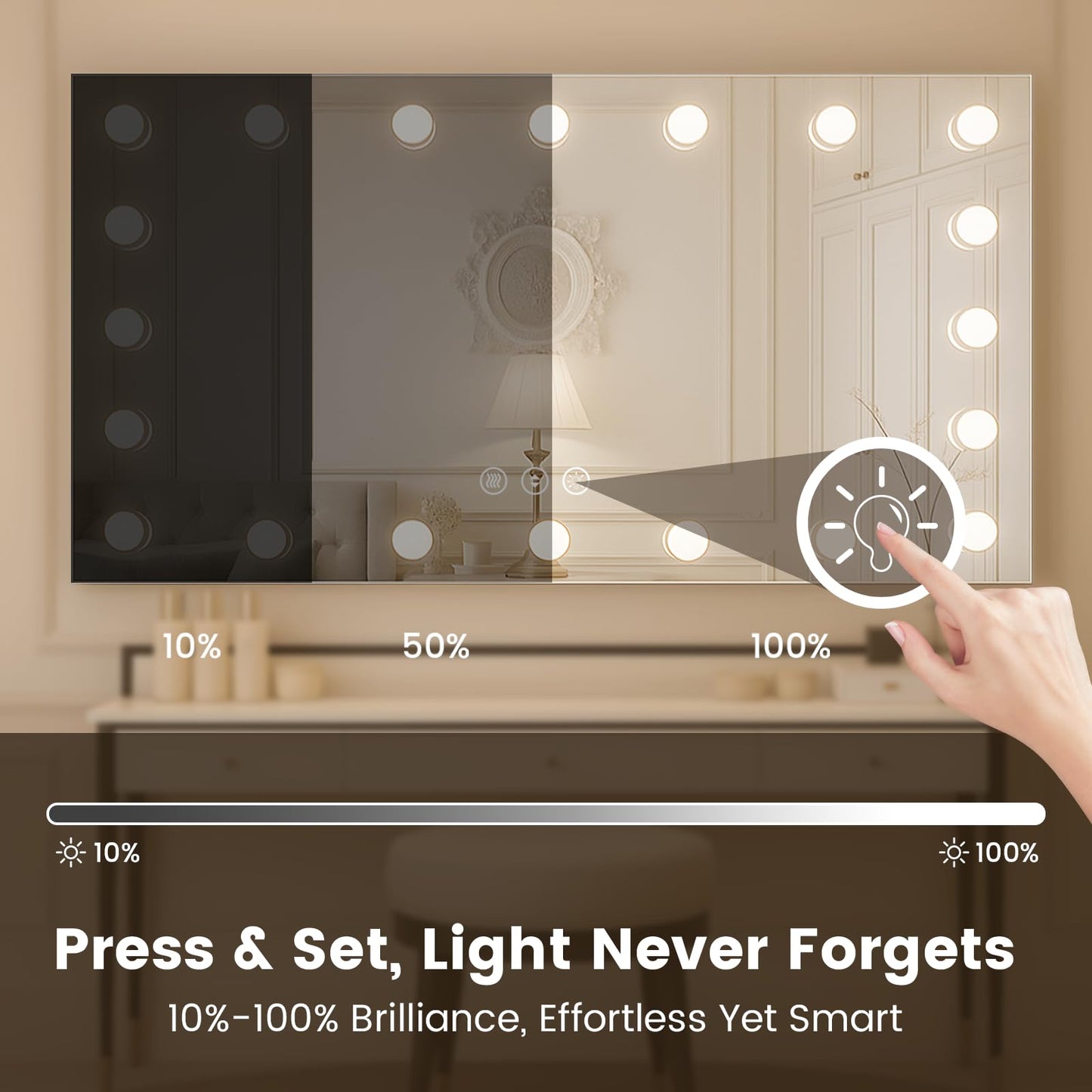 WTTY 60"x30" Hollywood Vanity Mirror with Lights, Wall-Mounted Makeup Mirror with 3 Color Temperatures, Stepless Dimmable Bulbs, Anti-Fog & Shatter-Proof