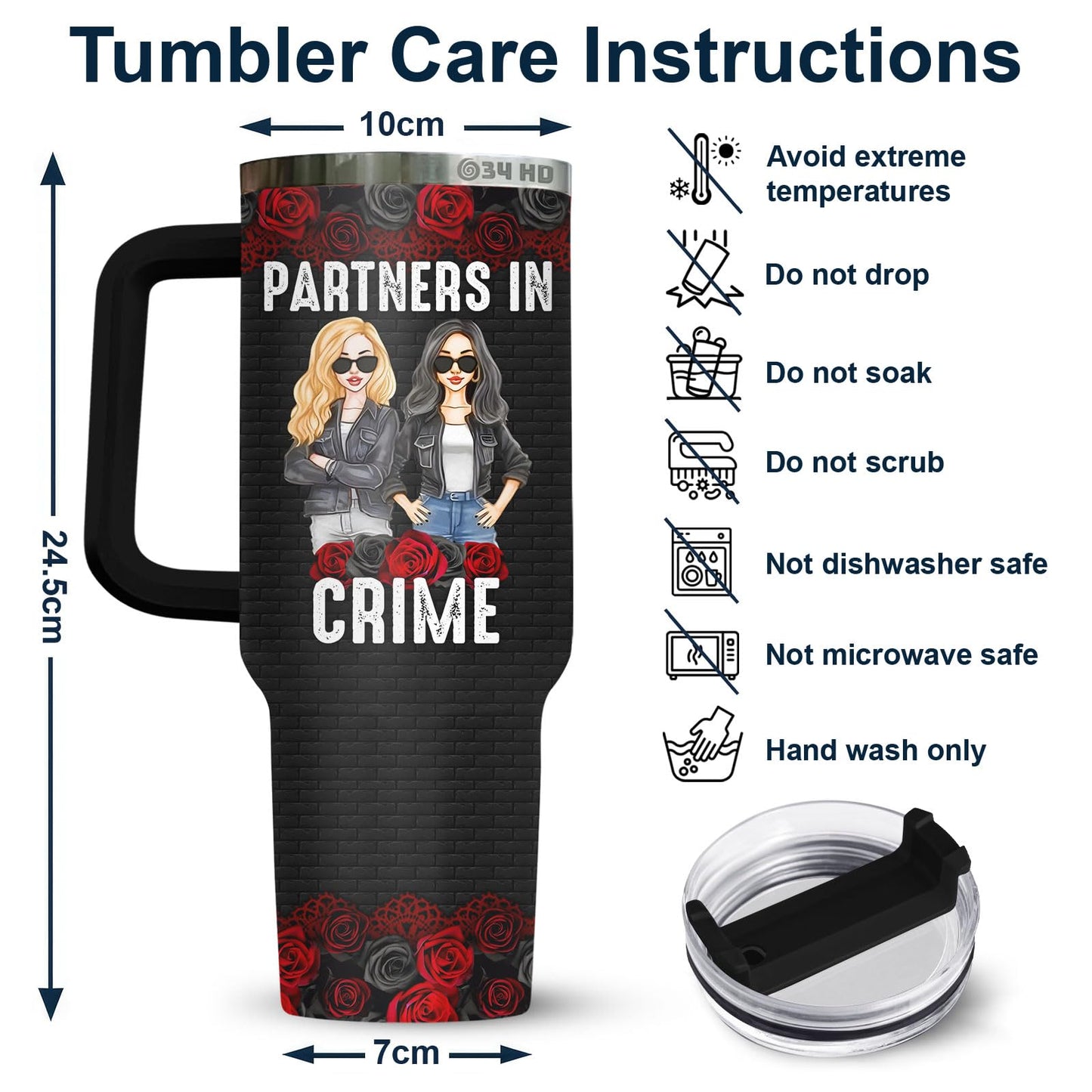 34HD Partners in Crime Tumbler with Handle and Straw, 40oz Stainless Steel Bestie Drinking Cup, BFF Coffee Mug, Best Friends Gifts for Birthday Christmas, Funny Friends Gift Ideas for Women