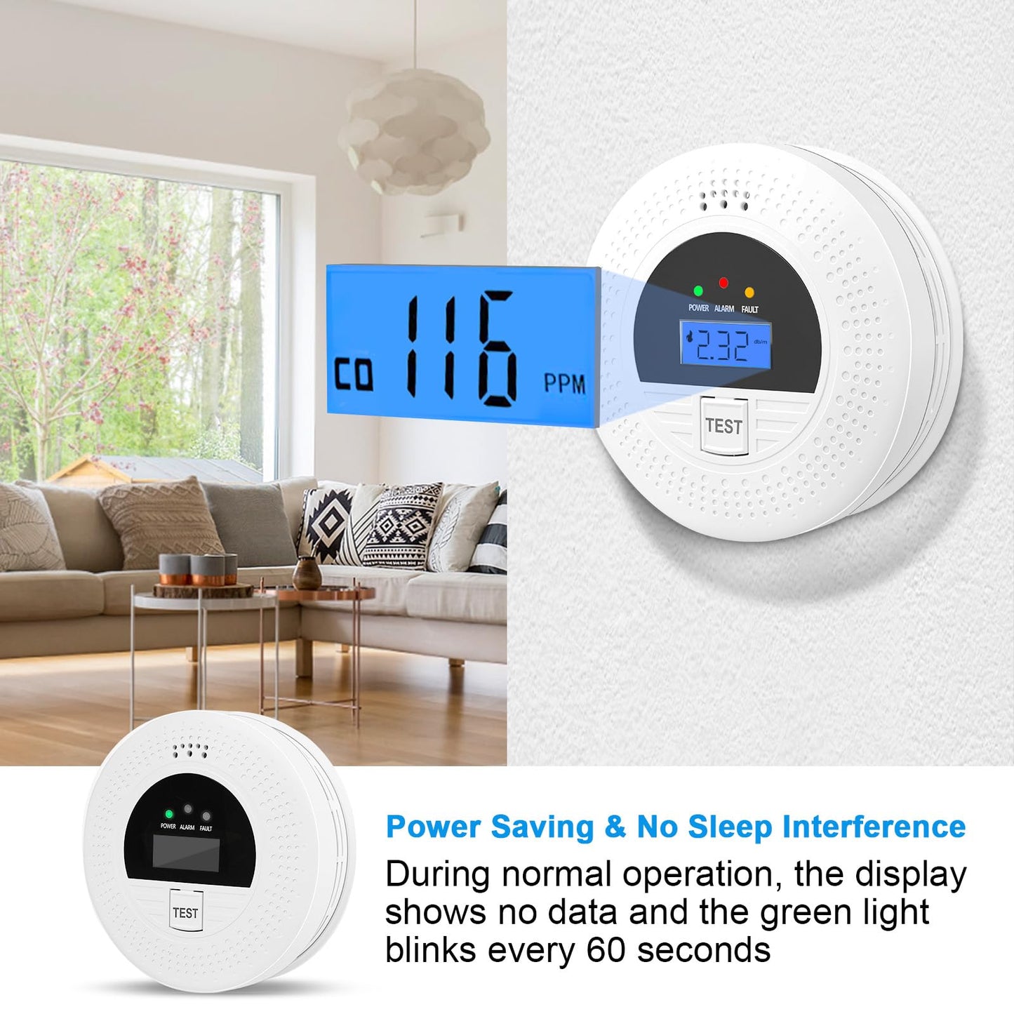 4-Pack, Smoke and Carbon Monoxide Detector, Smoke Detector Carbon Monoxide Detector Combo with Test Button, Digital Display, 85dB Alarm for Home and Office