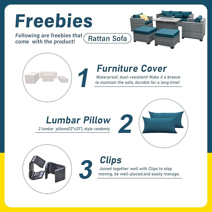 Lviden 6 Pieces Wicker Patio Furniture Sets Outdoor Conversation Set HDPE Rattan Sectional Sofa Couch with 45" Fire Pit Table and Peacock Blue Cushions