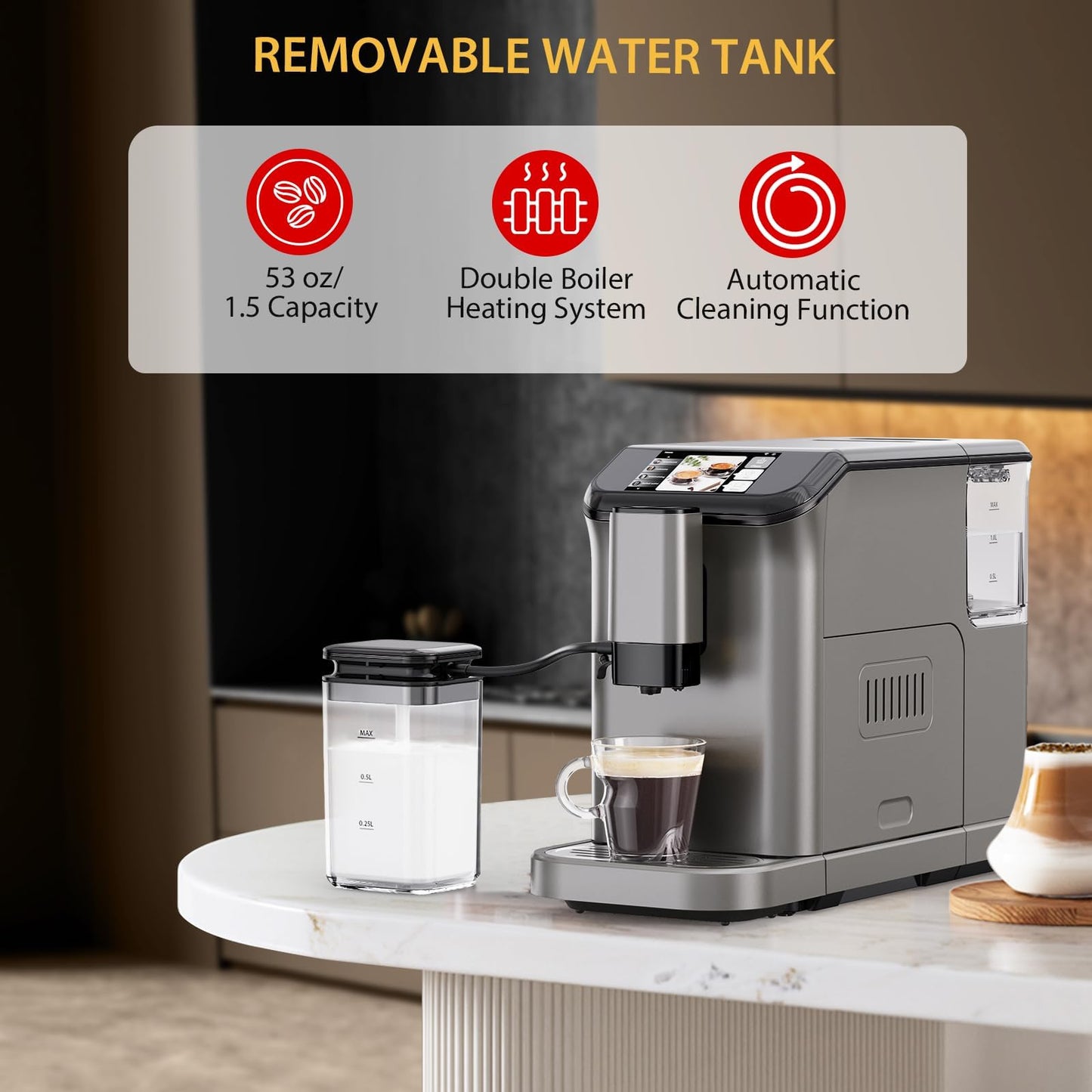 Garvee Fully Automatic Espresso Machine with Built-In Grinder and Milk Frother, 4-Beverage Cappuccino and Latte Maker with Intuitive Touch Display, Gunmetal Finish