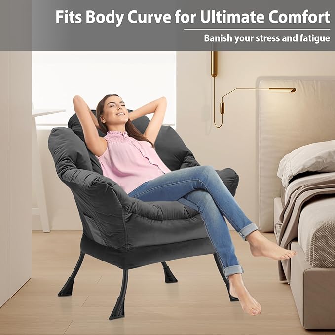 Youtanic Lazy Chair Thick Padded, Comfy Velvet Accent Lounge Chair with Stable Frame, Leisure Sofa Armchair with Armrests and Side Pocket, Reading Chair for Bedroom, Living Room, Office, Charcoal