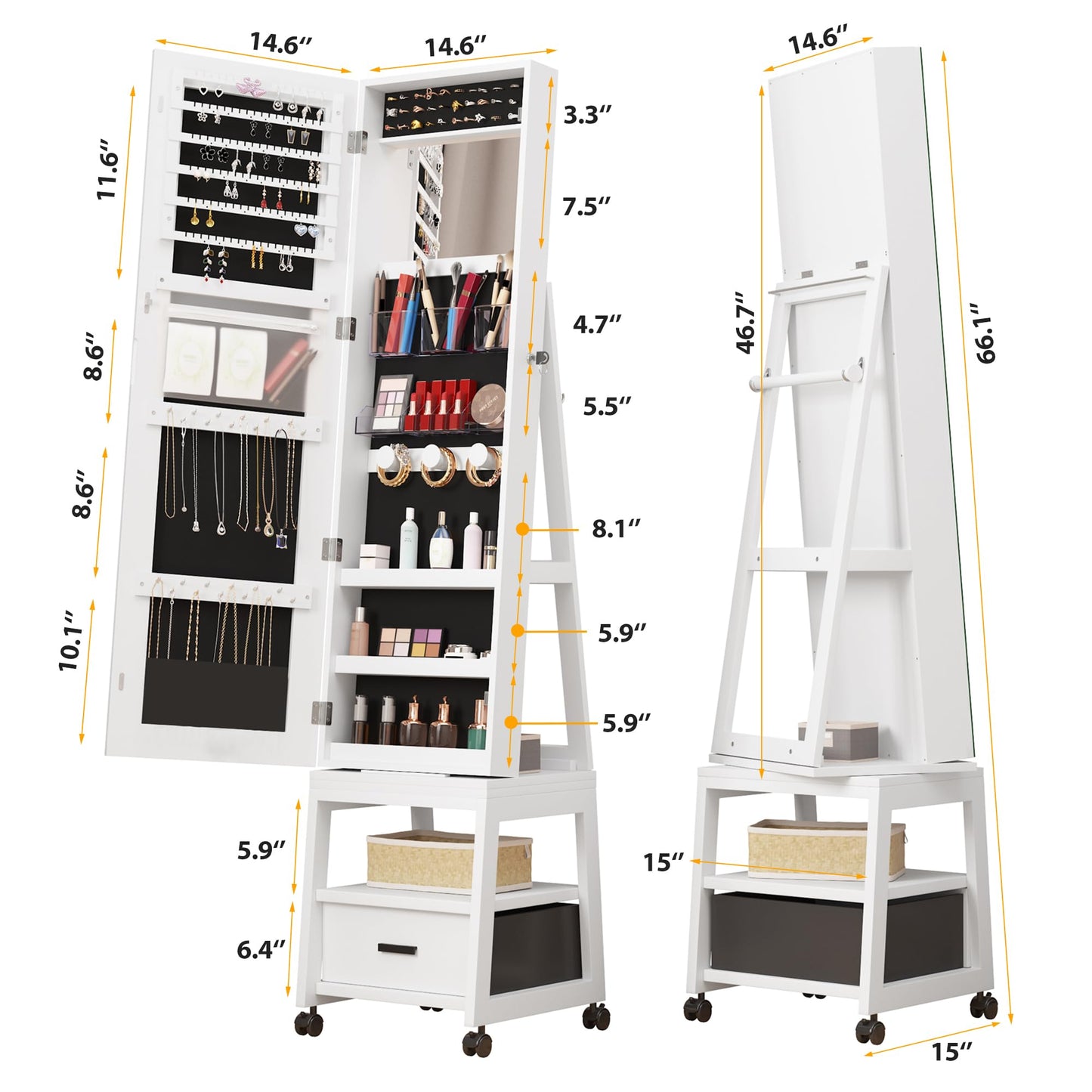 GarveeHome 360° Swivel Jewelry Cabinet, 66 in Freestanding Jewelry Armoire With Bottom Drawer, Lockable Full-Length Mirror With Rear Storage Shelves, Jewelry Armoire Organizer, Retro Brown