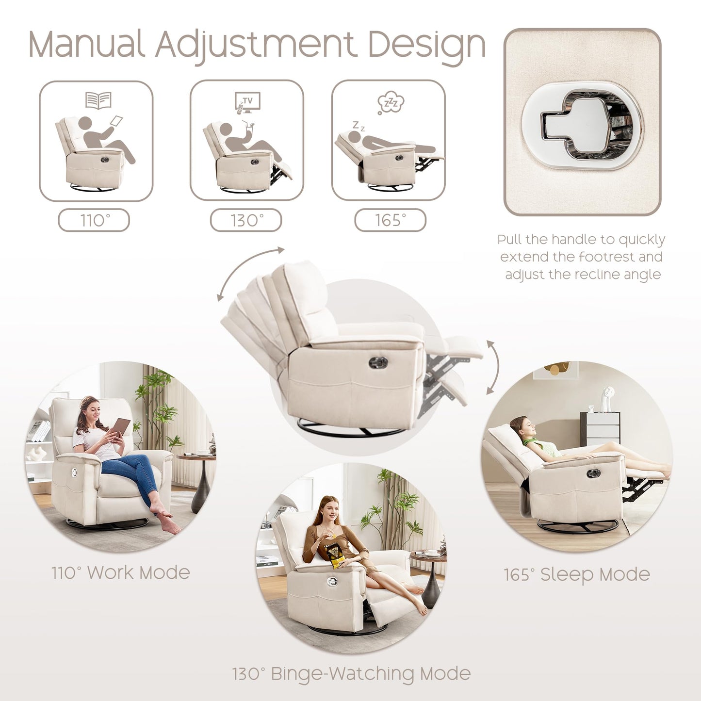 YUUIJOAA Swivel Rocker Recliner Chair, Manual Reclining Glider Chairs for Adults, Linen Nursery Recliner Sofa Chairs for Living Room, Bedroom, Beige