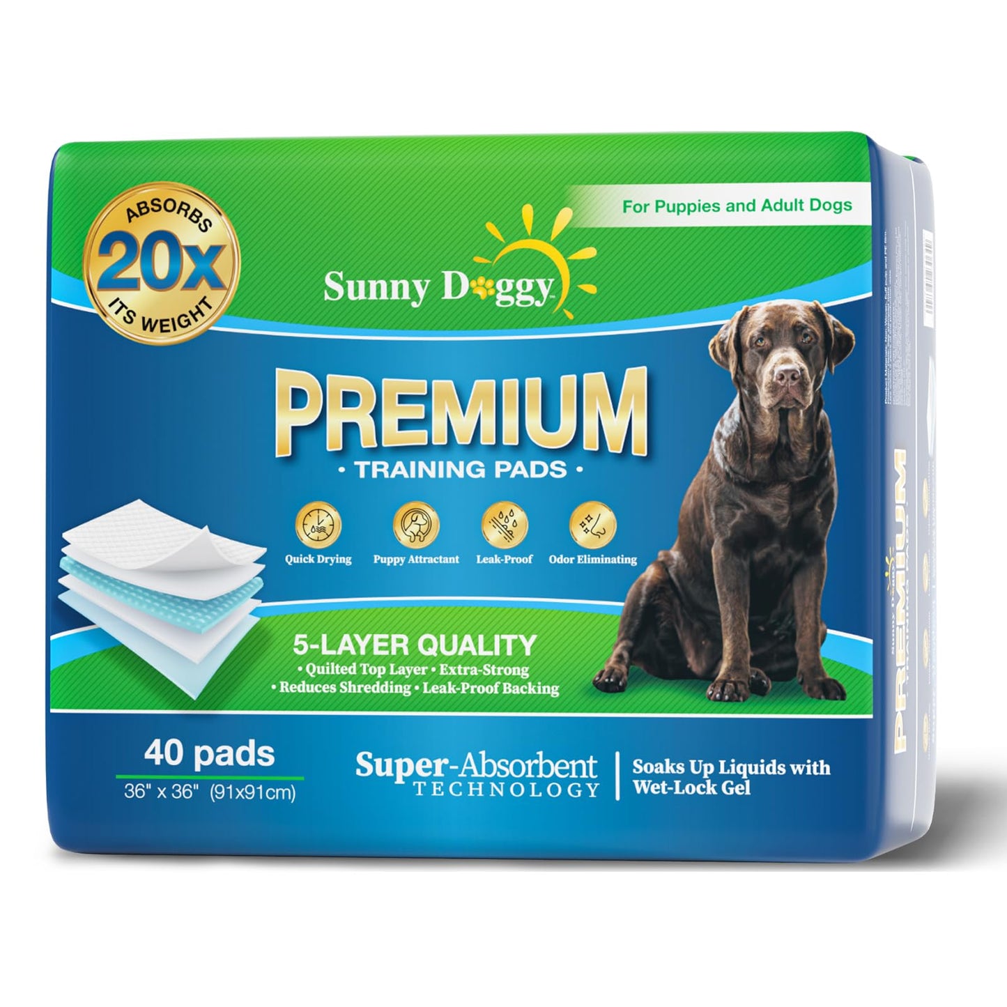 SUNNY DOGGY Pee Pads for Dogs Extra Large 36”x 36”, 40 Count Puppy Pads Pet Training Pads Disposable Upgraded Odor Control, Potty Pads Absorbent and Leak-Proof Dog Housebreaking & Puppy Supplies
