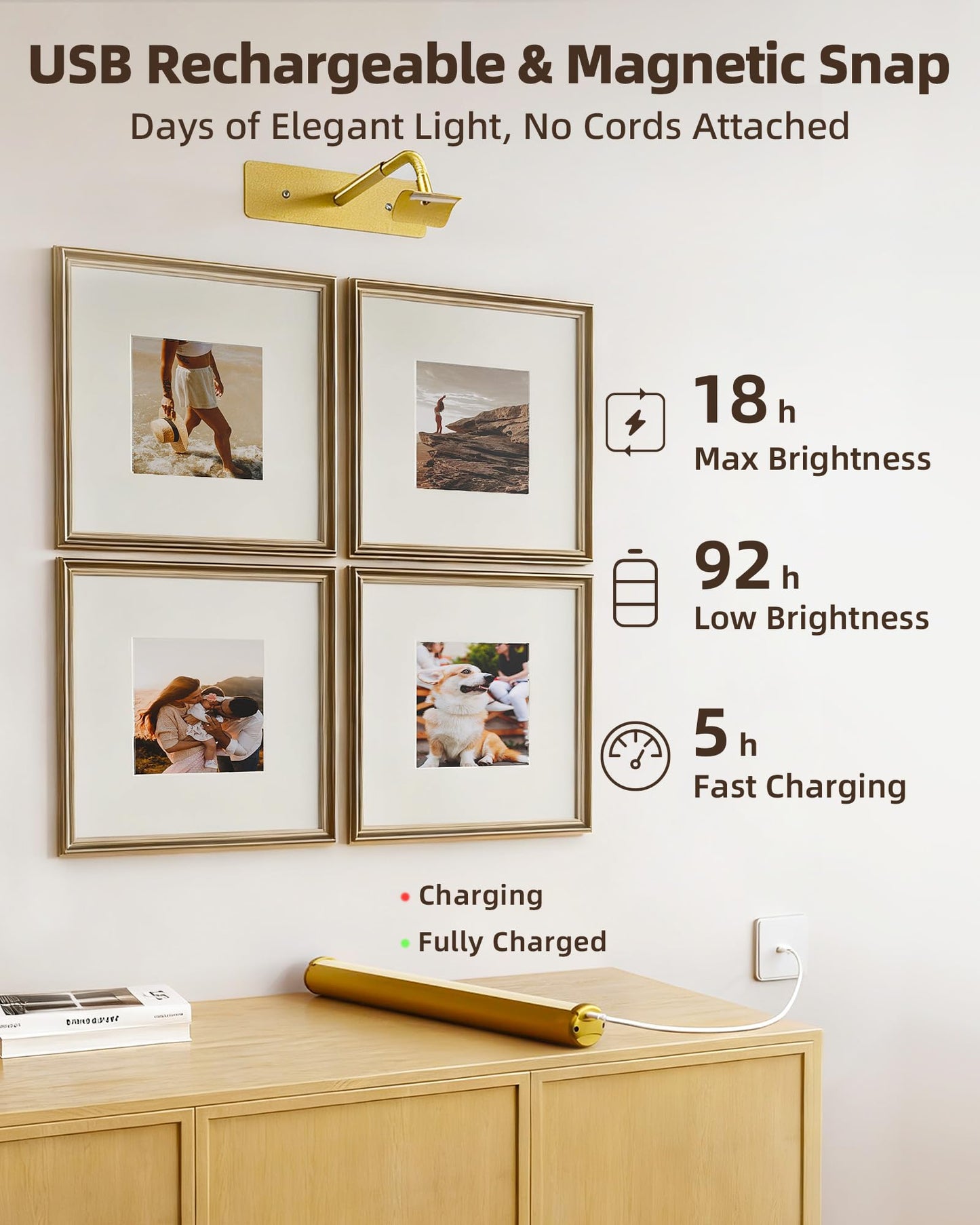EZVALO Picture Lights for Wall, 6000mAh Rechargeable Battery 16″ Painting Light with Remote, 3 Color Temps Wireless Art Light for Gallery, Living Room, Hallway (Gold)