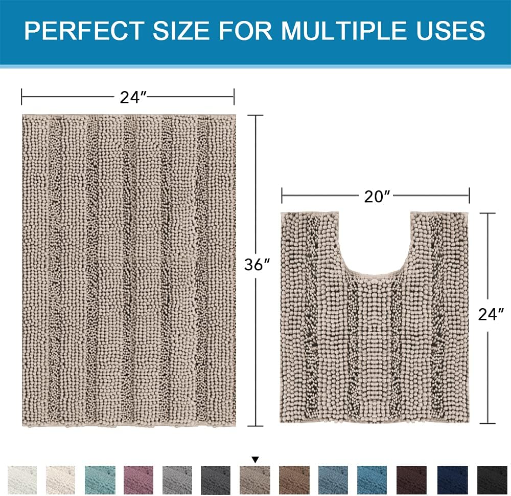 H.VERSAILTEX Bathroom Rugs Bath Rug Set 2 Piece Bathroom Contour Rug Toilet Mat Sets Non Slip Contour Bath Rug Ultra Thick Water Absorbent Striped Bath Mats Washable(36" x 24" Plus 20" x 24" U, Taupe)
