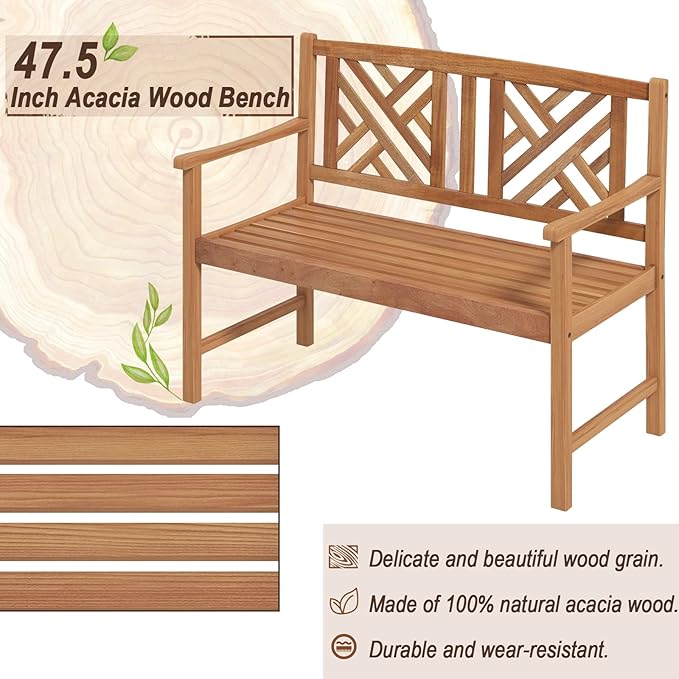 COSTWAY Outdoor Wooden Bench, Outdoor Acacia Wood Loveseat with Curved Armrest & Backrest, Sturdy Wood Bench for Garden, Park & Porch, 47.5"x 22" x 34”