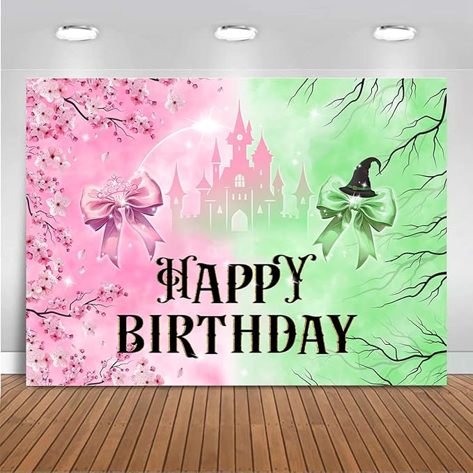 Mocsicka Pink and Green Birthday Backdrop Decorations Witch Happy Birthday Banner Supplies for Princess Girls Women Castle...