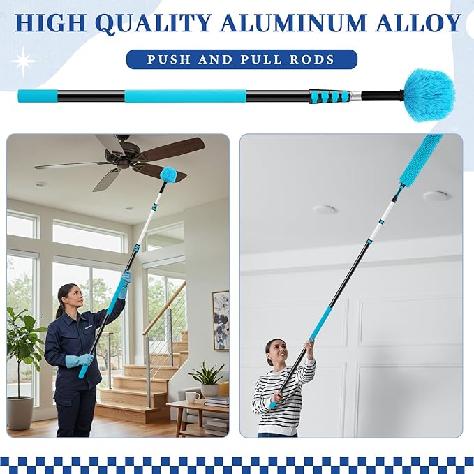 36 Foot High Reach Duster Kit with 7-30 ft Extension Pole, High Ceiling Fan Cleaner Duster Tool for Fan Blades, Window Squeegee, Washable Dust Brush for Roof and Glass Surfaces (7-30 ft)