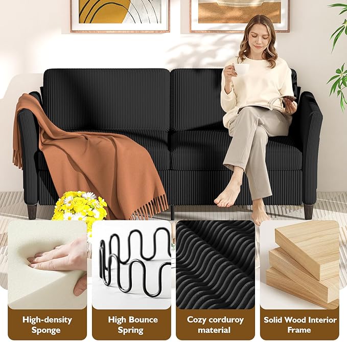 Valthie 60.6" Small Corduroy Loveseat Sofa, Mid-Century Modern 2-Seater Couch with Side Pockets for Small Spaces, Black – Perfect for Living Room, Bedroom, Office & Apartment