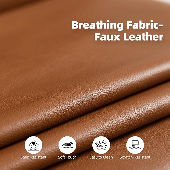 Tbillionnext Upholstered Accent Sofa, Modern Faux Leather Sofa Chair with Hidden Foldable Tray & Side Pocket, Rear Contour Arm Design, Small Accent Sofa for Bedroom, Brown