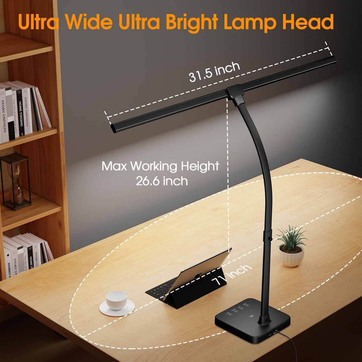 ShineTech LED Desk Lamp for Home Office, 24W Double Head Desk Light with Wireless Charging, USB Port, 25 Lighting Modes Adjustable Gooseneck Lamps