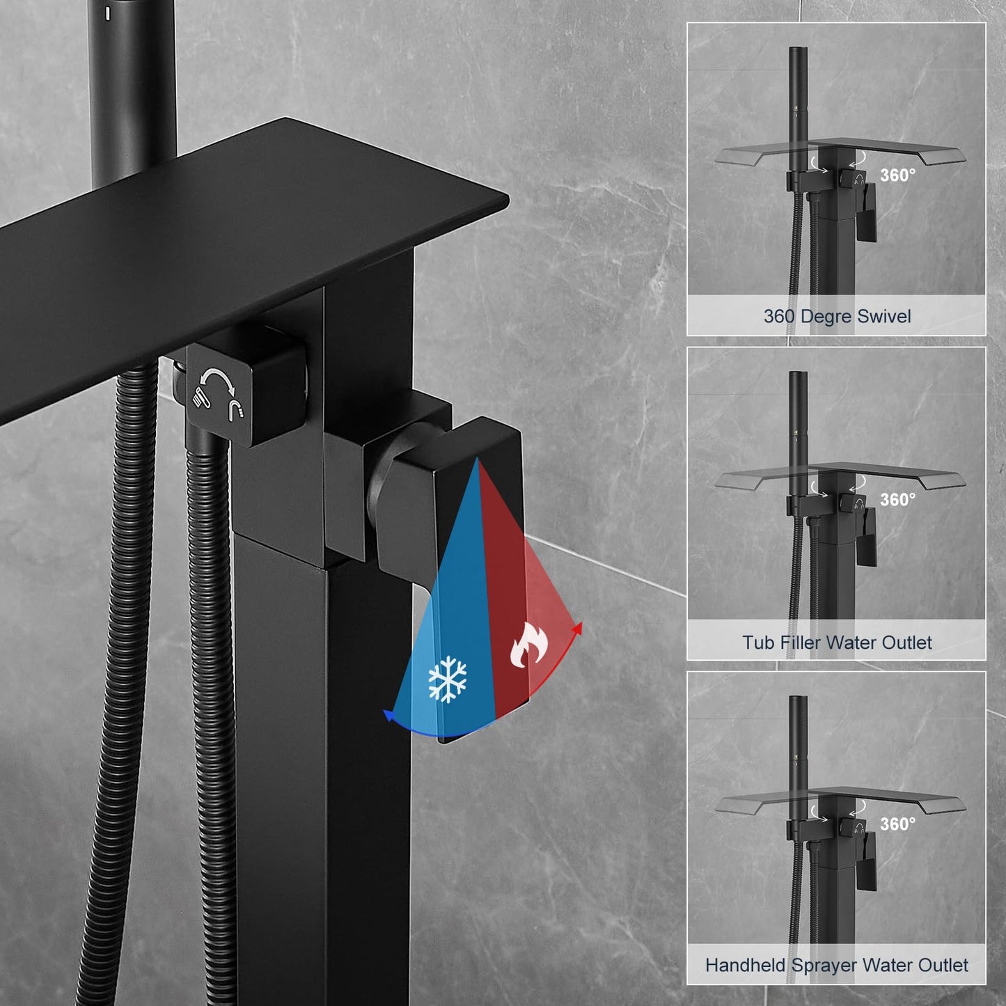 Kroias Matte Black Freestanding Waterfall Bathtub Faucet High Flow Standing Tub Filler Floor Mount Brass Stand Bathtub Filler Single Handle Bathroom Floor Mounted Tub Faucets with Handheld Shower