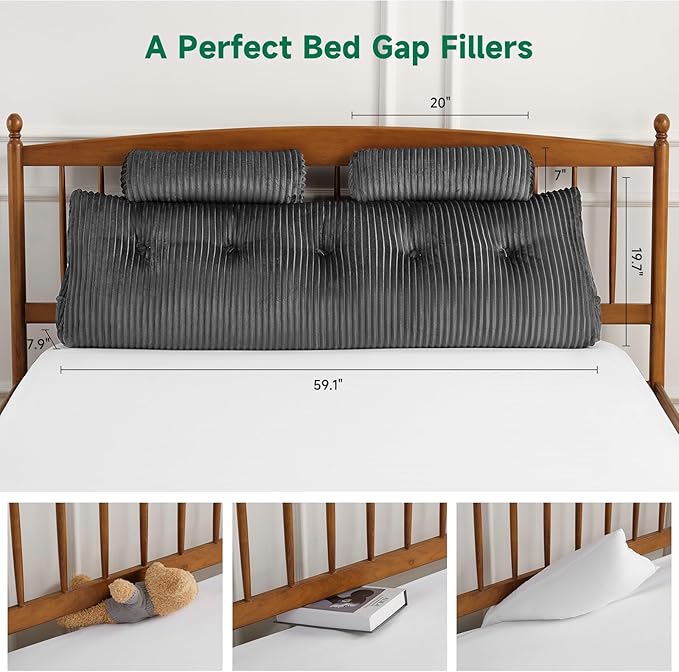 Z-hom Queen Size Wedge Headboard Pillow with 2 Roll Cushions, Large Reading Pillow for Bed Sitting Up, Triangular Backrest Cushion for Headboard, Supportive Pillow for Back Pain Relief, Grey