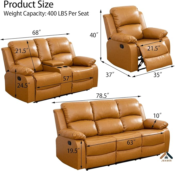 JBXBER Manual Recliner Sofa Set for Living Room, Leather Reclining Sofa Sets, Faux Leather Couch Set with Cup Holders, Drop-Down Table and Storage Console(Sofa,Ginger)