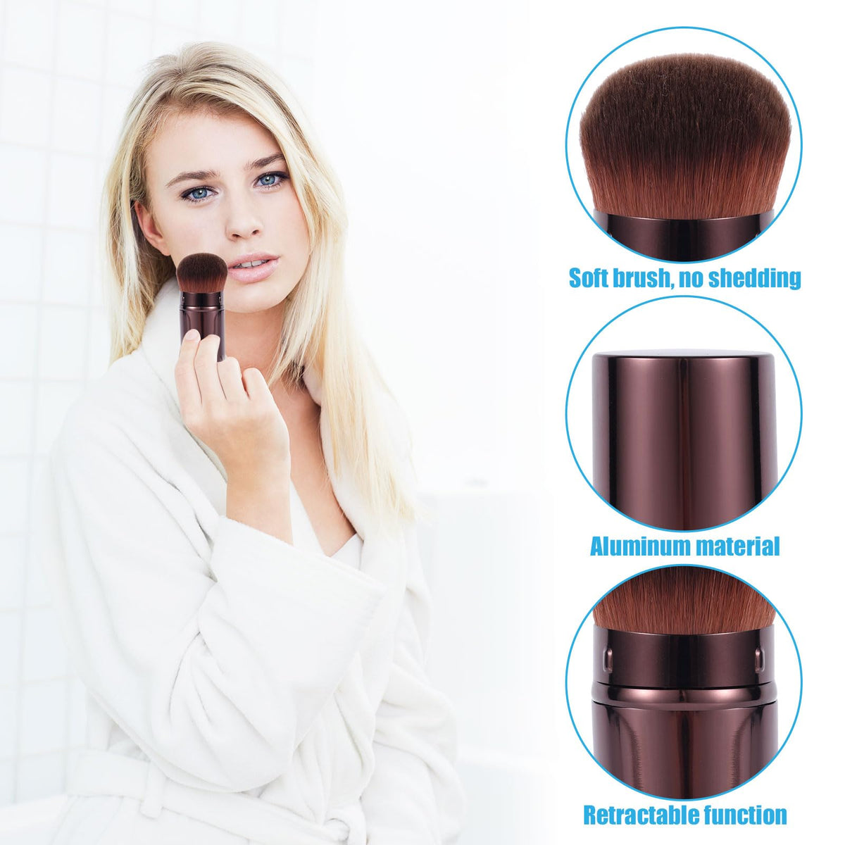 2pcs Travel Face Blush Brushes, Retractable Makeup Brush Portable Foundation Sunscreen Brush for Blending Cosmetics(Coffee + Three-Color Hair)
