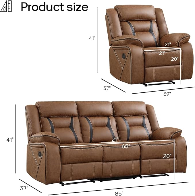 EBELLO Manual Recliner Sofa Set, Faux Leather Reclining Living Room Furniture Set, Included Recliner Chair and 3 Seat Manual Recline Sofa, Brown