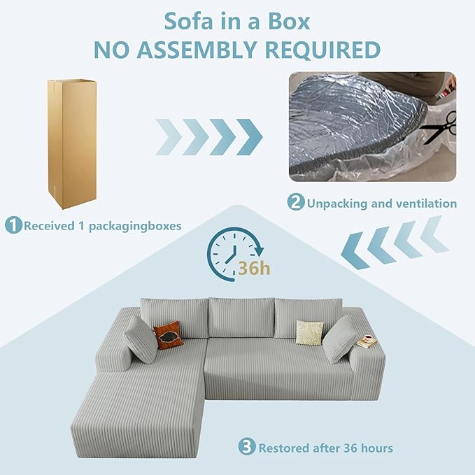 96" Cloud Sectional Couch with L-Shape Chaise, Modern Corduroy Boneless Couch for Living Room,Memory Foam Sofa with Deep Seat,No Assembly Required (Grey,Left-Facing Chaise)
