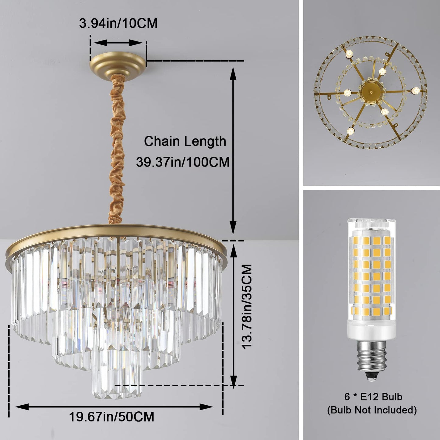Laiuetai Gold Modern Crystal Chandelier, 3-Tier Round Flush Mount Ceiling Light Fixtures Height Adjustable Pendant Lighting for Dining Room Living Room Bedroom Kitchen Hotel Foyer