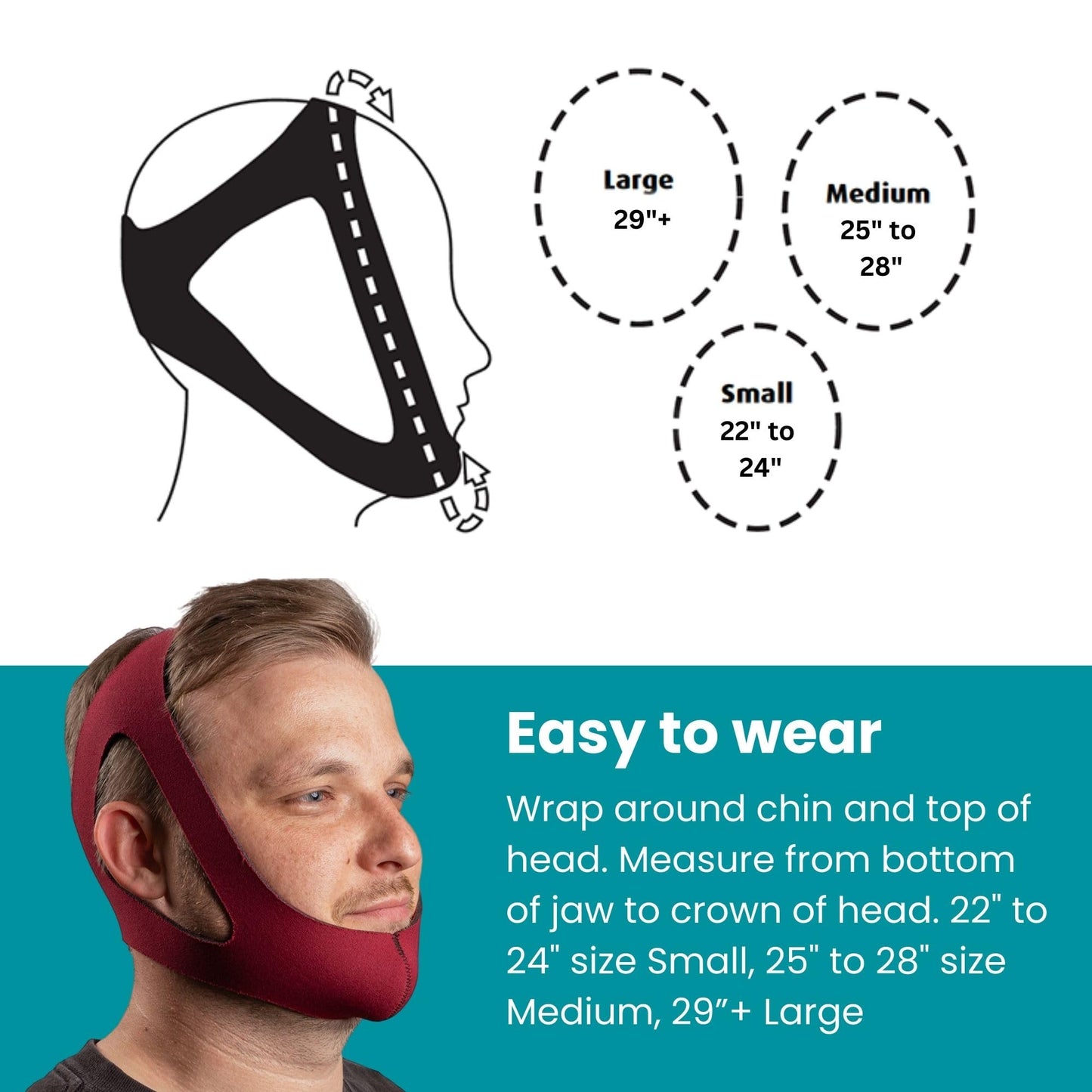 LifeSource HOOK-FREE, Made in USA, NON-ADJUSTABLE, Ruby Anti Snore Chin Strap for CPAP Users, Chin Strap for Snoring, Breathable, Non-Adjustable, Sizes S, M, L. Latex Free, Comfortable for Men & Women