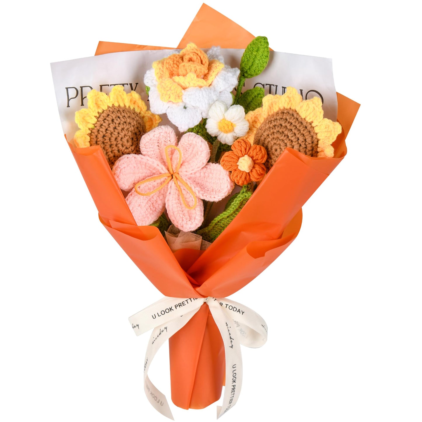 Gouraml Crochet Flower Bouquet Handmade Crochet Flowers Gifts, Crochet Tulips Sunflowers Roses 7Pcs for Mothers Day Weddings Birthdays Home Decor Ideal for Women Moms Wife Friends(Orange)