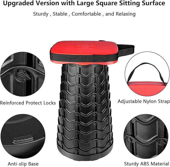 Outward Gear Upgraded Folding Stool Heavy Duty 550lbs Load Capacity Collapsible Portable Sturdy Telescopic Stool for Camping Travel Hiking (Red)