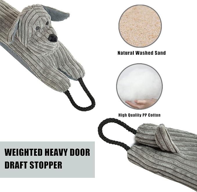Marwood Under Door Draft Stopper Decorative Wind Stopper 42 inch for Door & Window, Weighted Animal Air Draft Stopper Snake Noise Blocker for Bottom of Door with Hanging Loops - Grey Dog