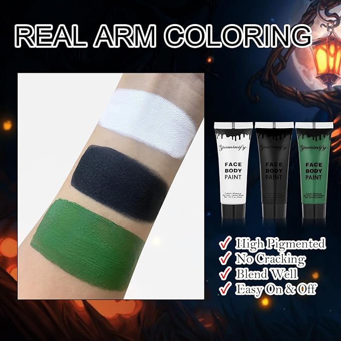 Black White Green Face Body Paint 1.01 oz/pc with 3 Sponges,Dark Green Zombie Face Painting Cosplay Kit, Elphaba Hunting Hulk Halloween SFX Witch Makeup Cream Face Paint,3 oz
